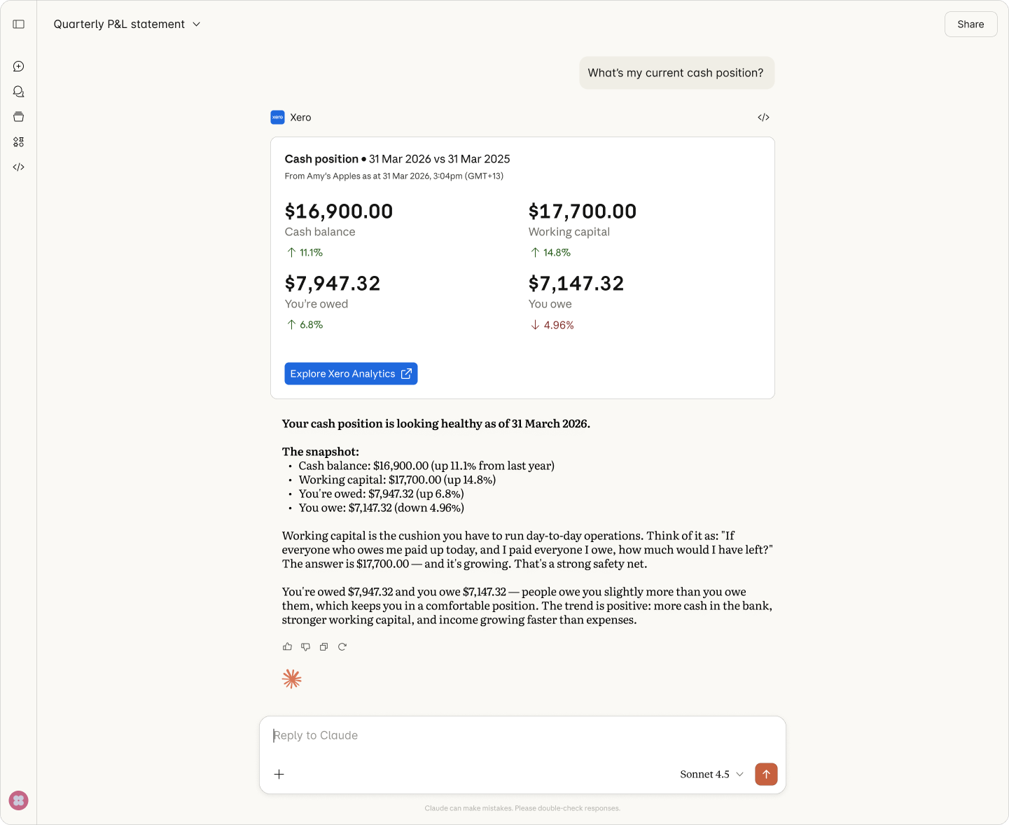 Claude surfacing revenue, cash and overdue invoices together in one answer